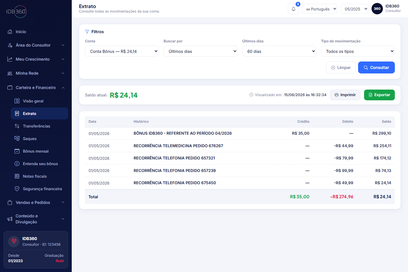 Extrato financeiro na IDBCONNECT