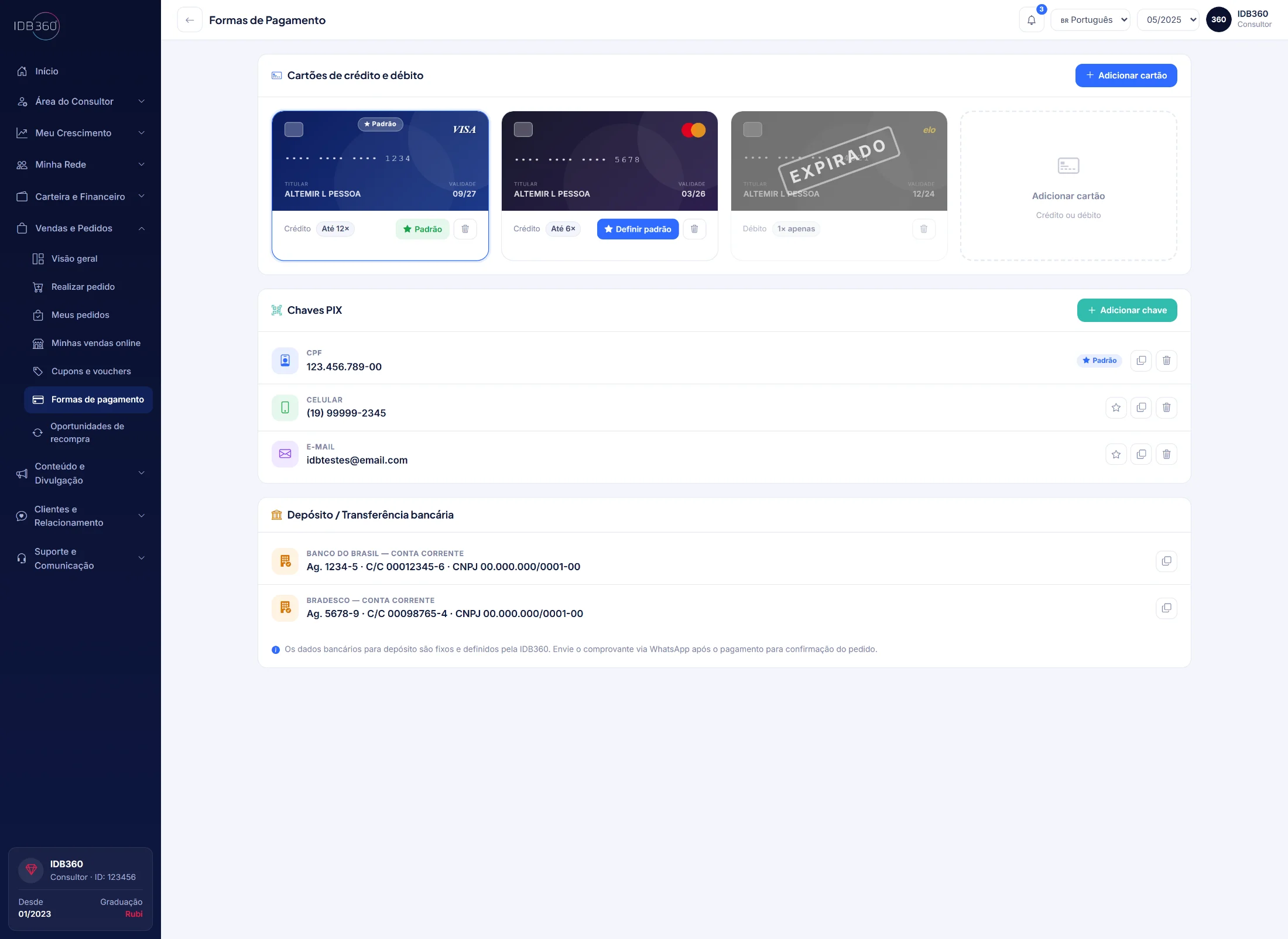 Formas de pagamento na IDBCONNECT
