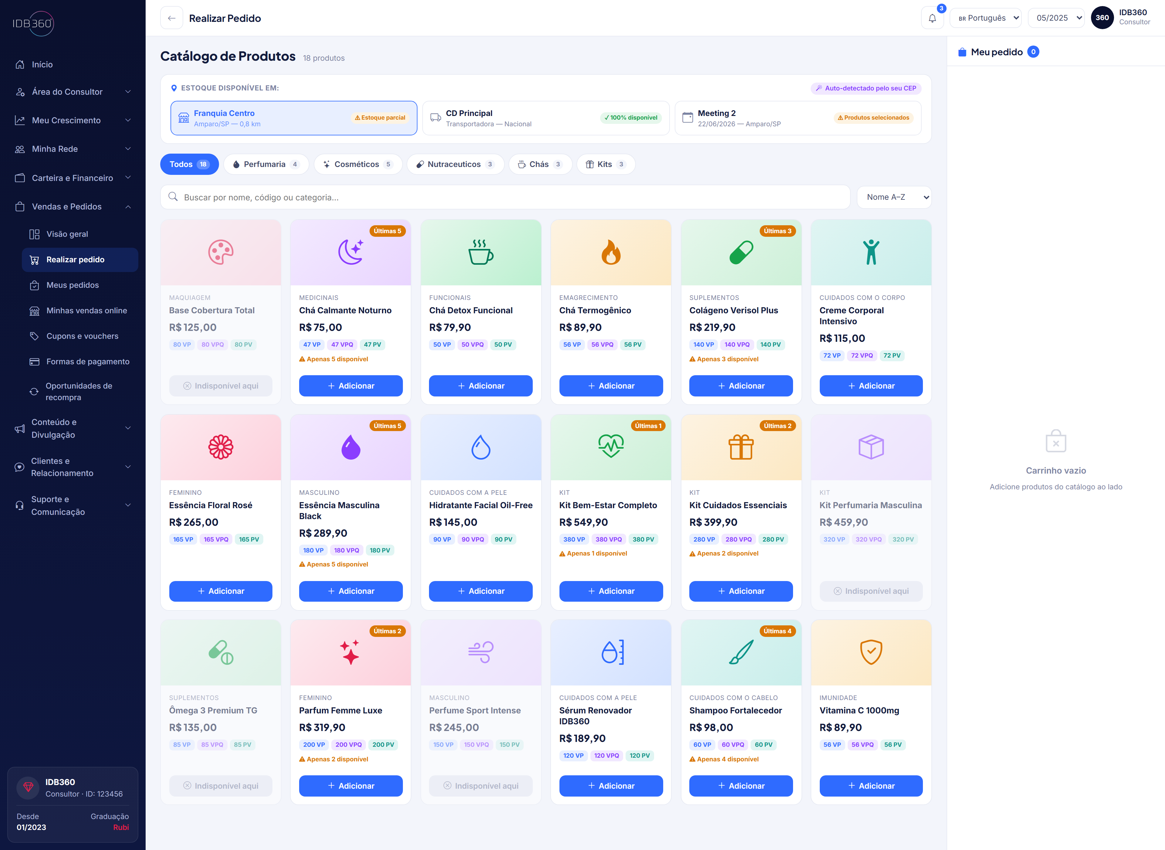 Catálogo e pedido na IDBCONNECT