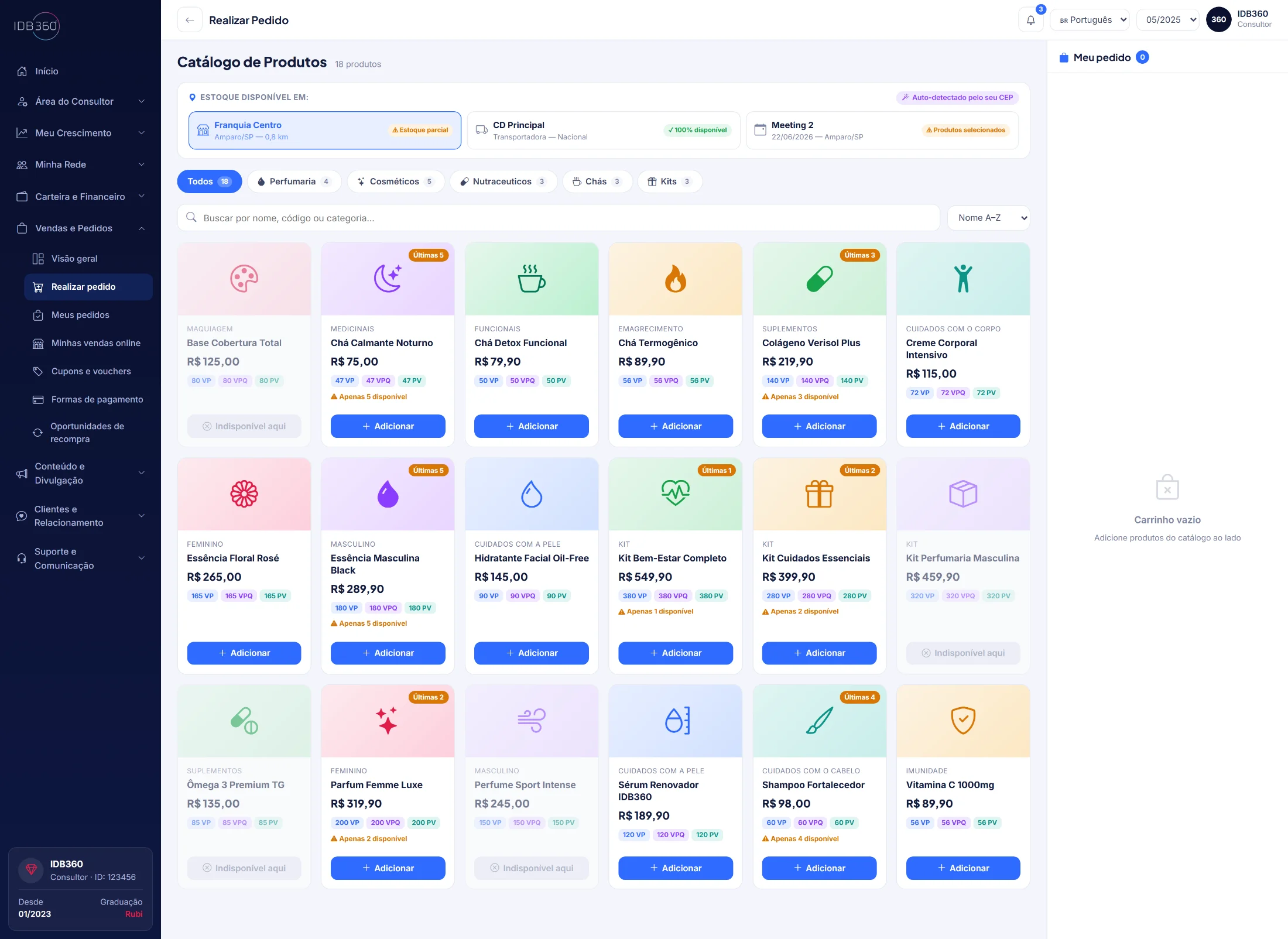 Loja e pedidos do consultor na IDBCONNECT