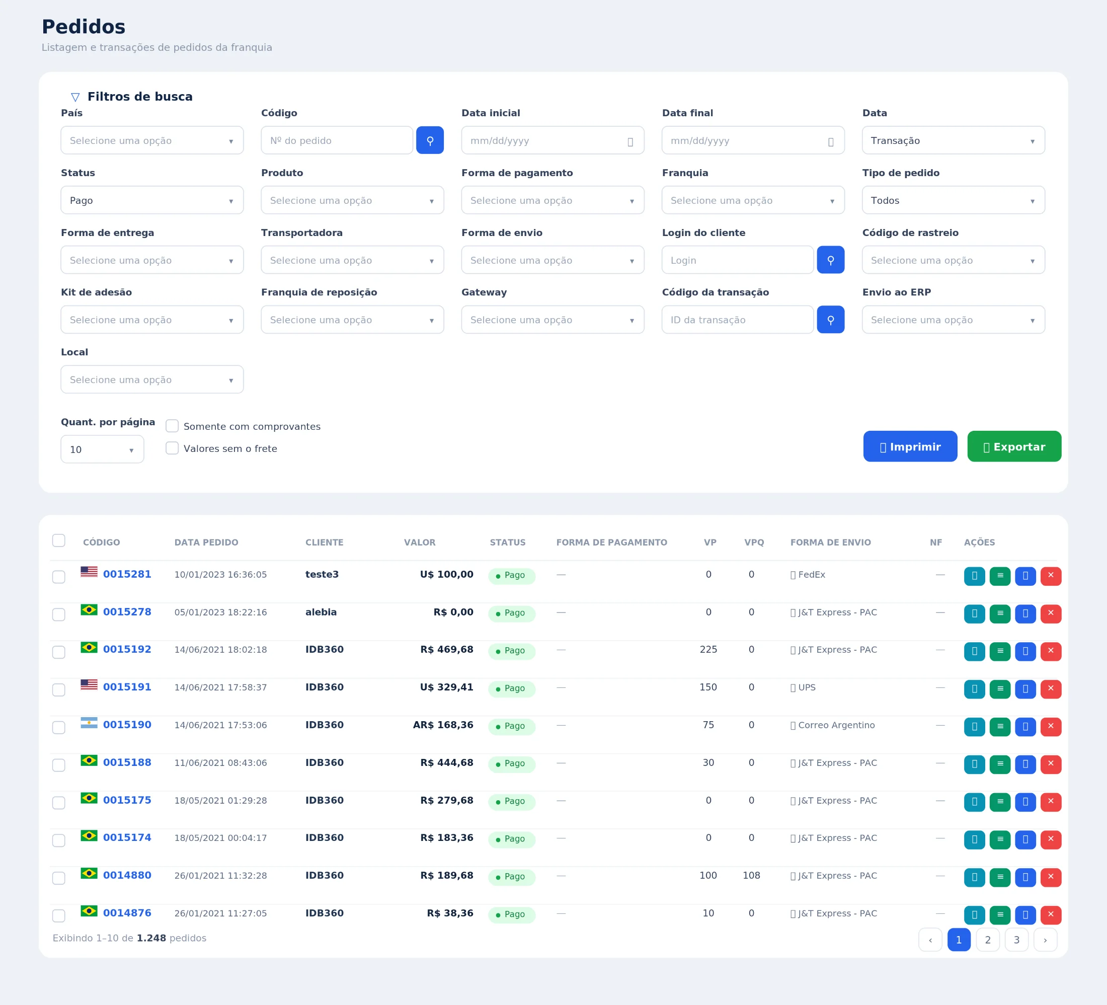 Tela da IDBCONNECT com listagem de pedidos, filtros administrativos, status de pagamento, gateway e código da transação