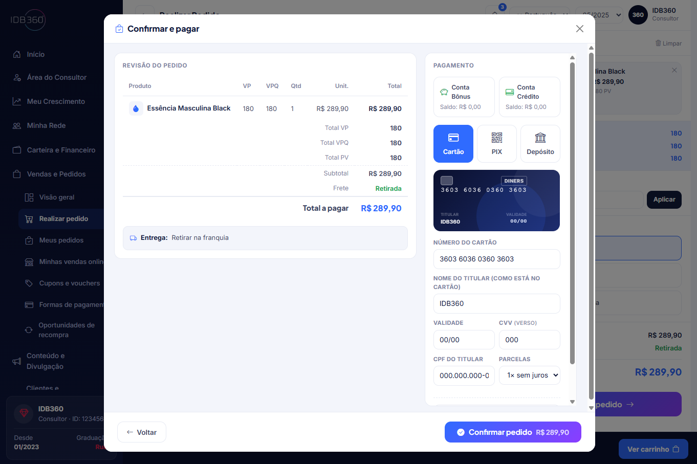 Revisão e pagamento do pedido na IDBCONNECT