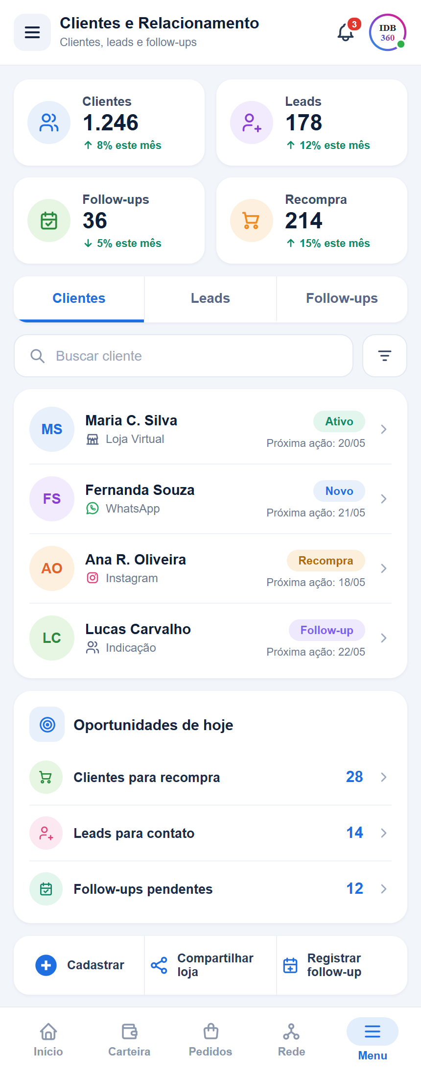 Recorte da tela Clientes e Relacionamento