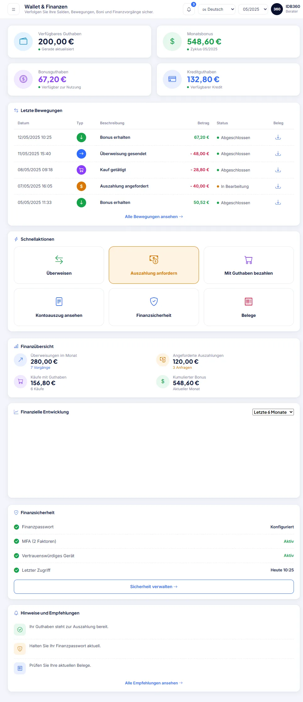 Finanzbildschirm von IDBCONNECT.