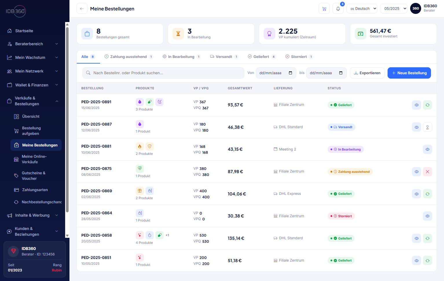 Konsolidierte Bestellungen in IDBCONNECT