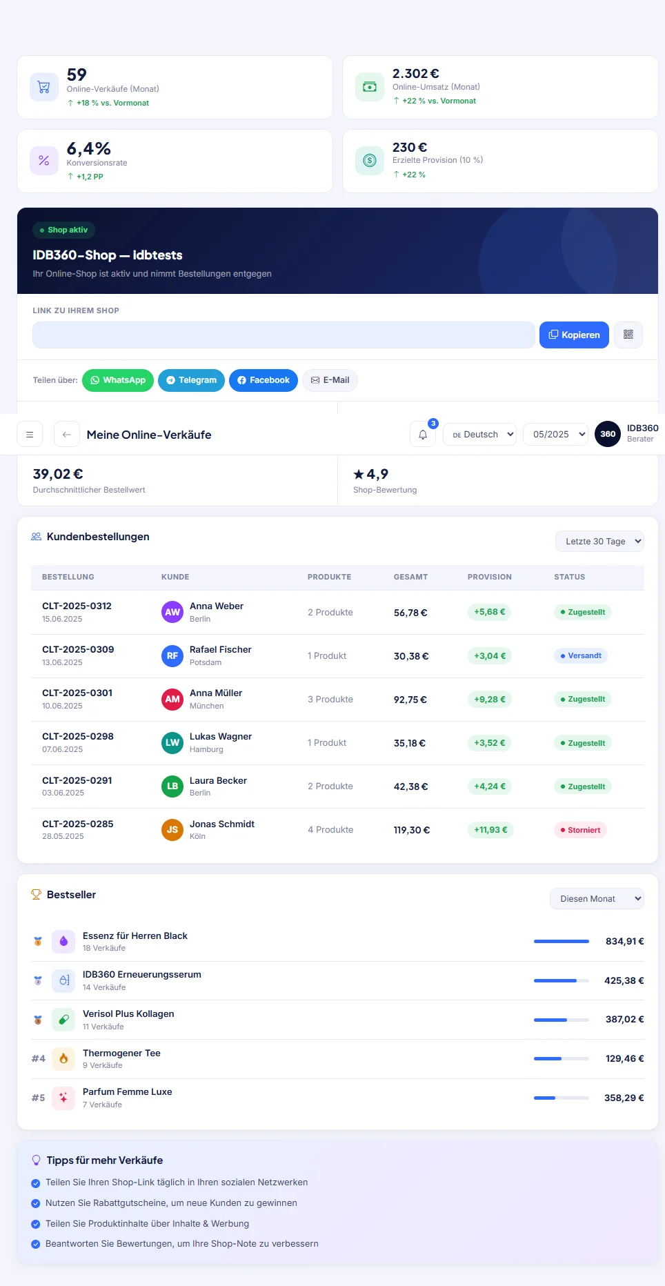 Online-Verkäufe in IDBCONNECT