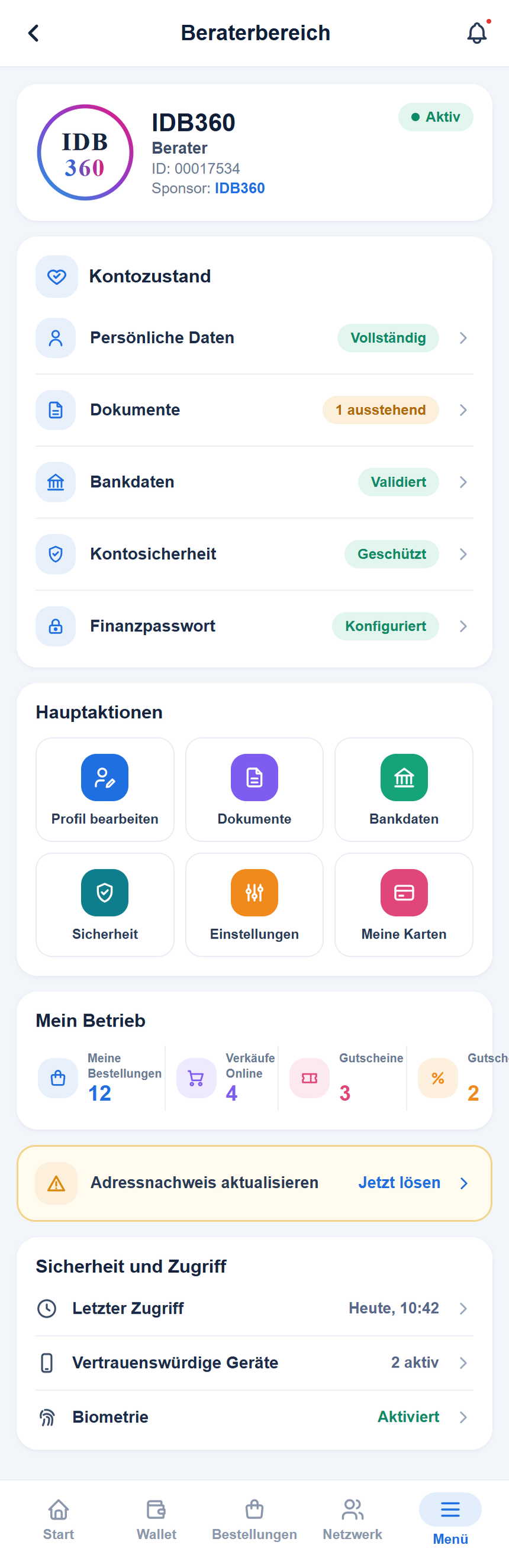Ausschnitt des Bildschirms des Beraterkontos