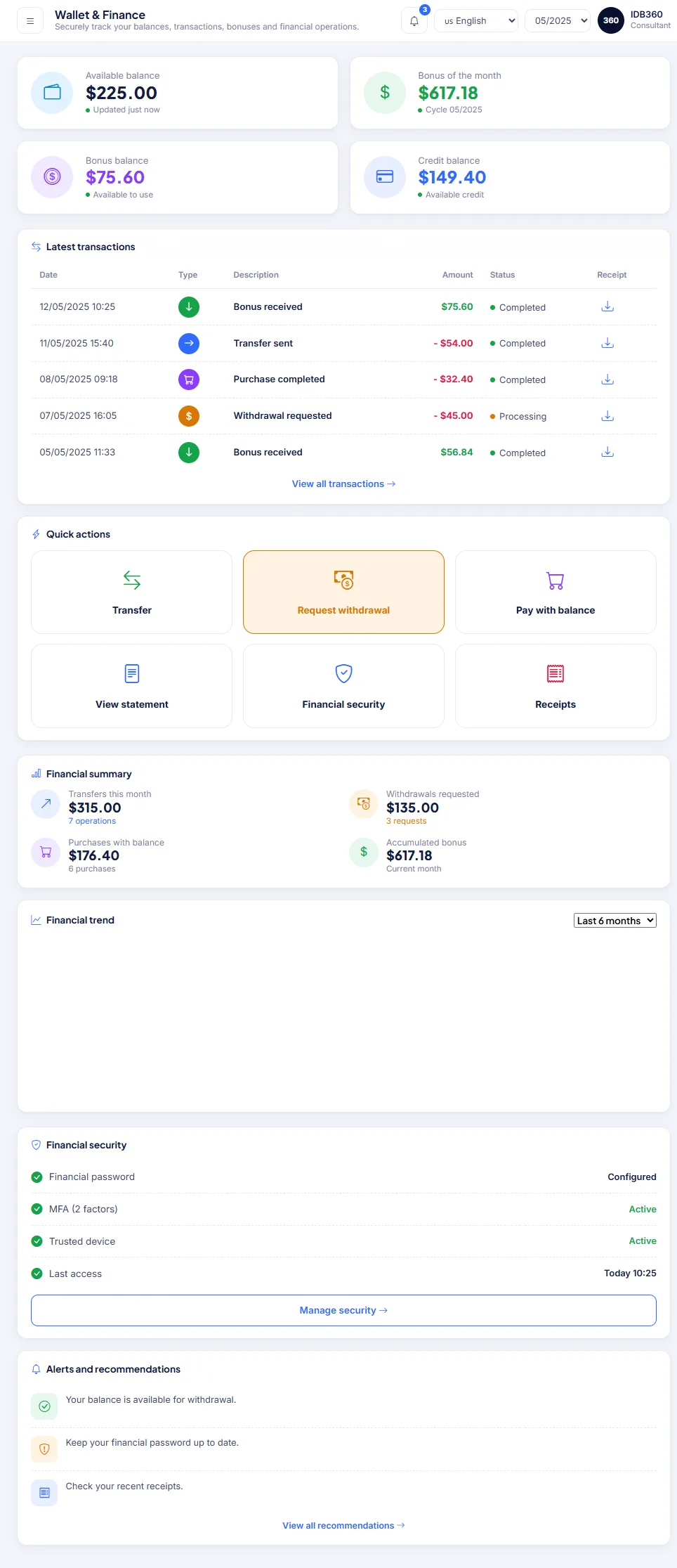 IDBCONNECT financial screen.