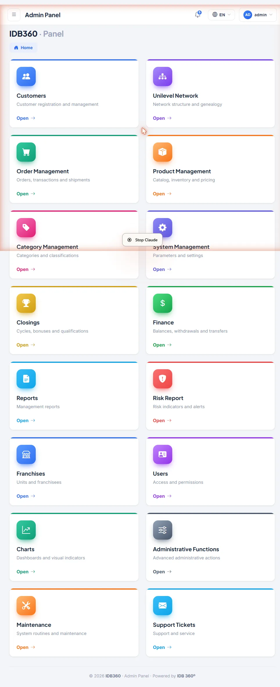 IDBCONNECT Admin Panel with operational exceptions, tasks and points of attention.