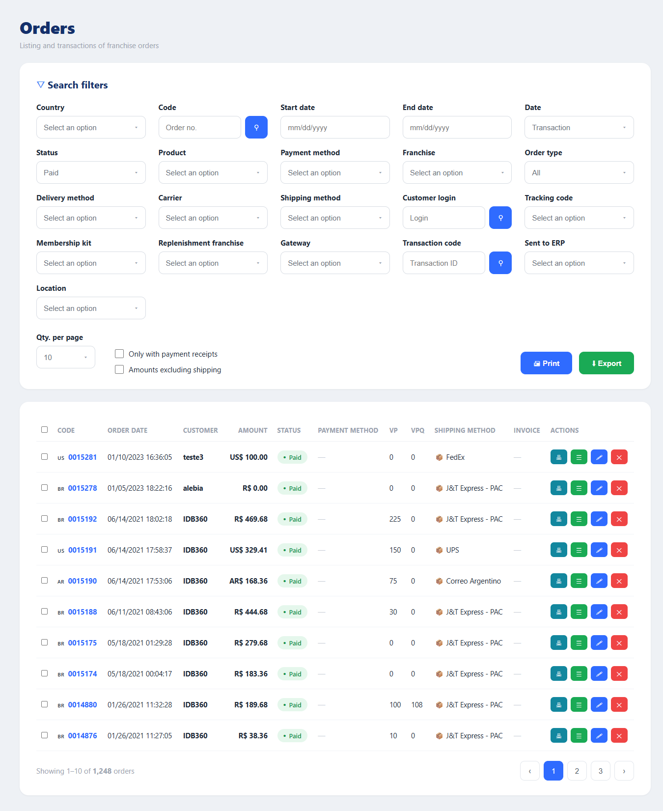 IDBCONNECT screen with order listing, administrative filters, payment status, gateway and transaction code
