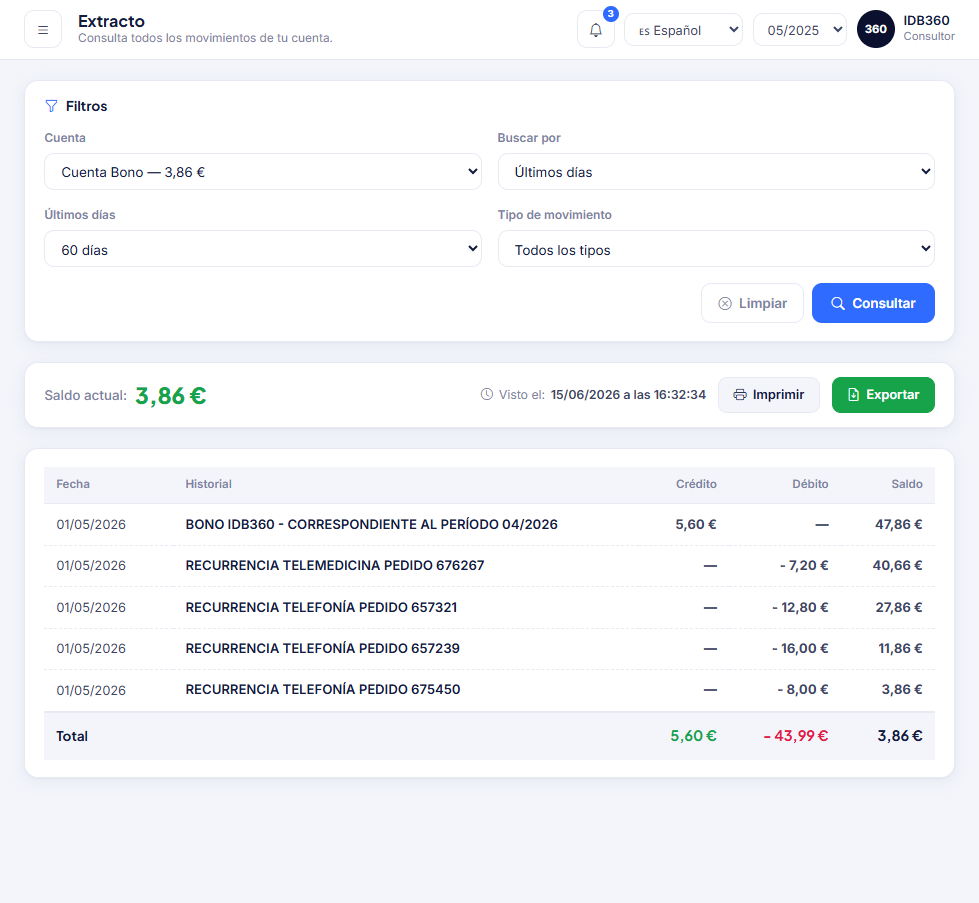 Extracto financiero en IDBCONNECT