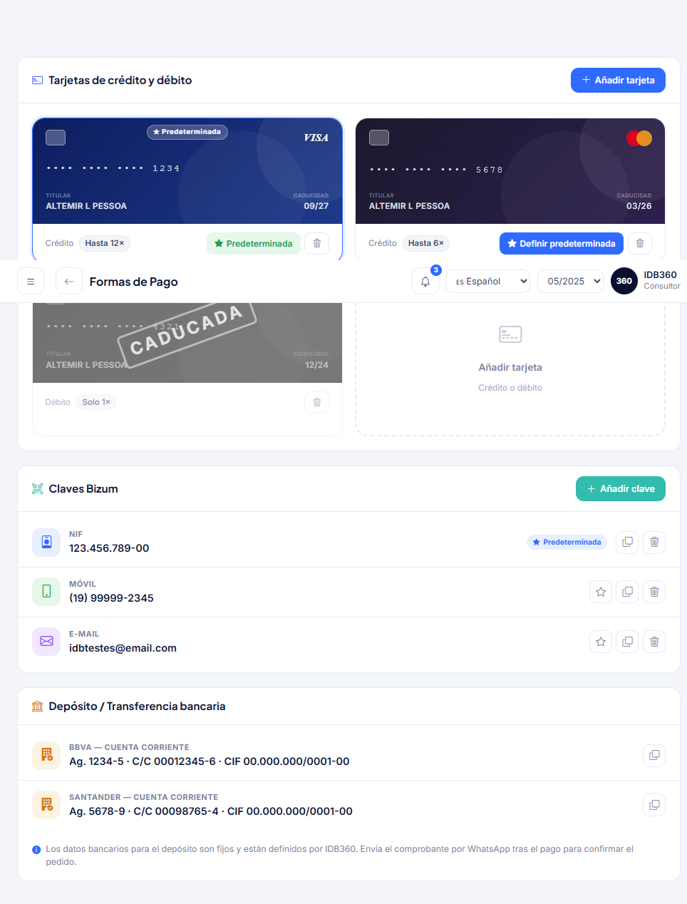 Formas de pago de IDBCONNECT.