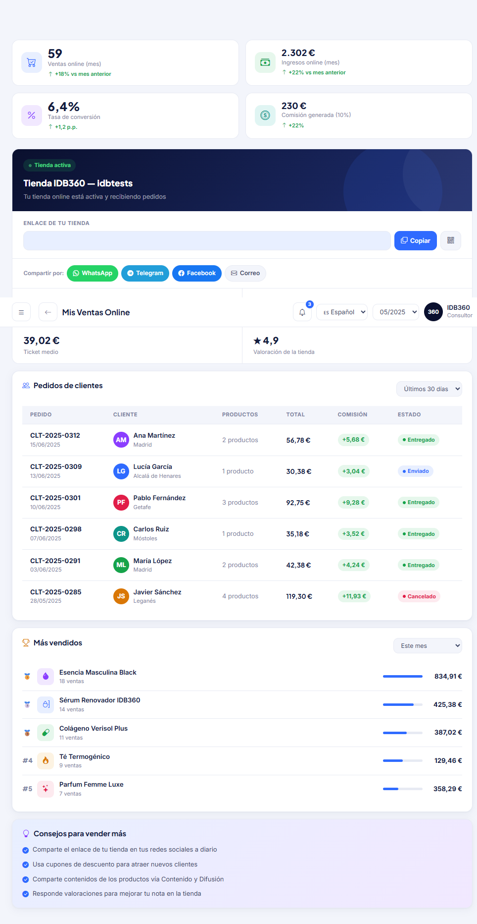Ventas en línea y compartición en redes sociales en IDBCONNECT