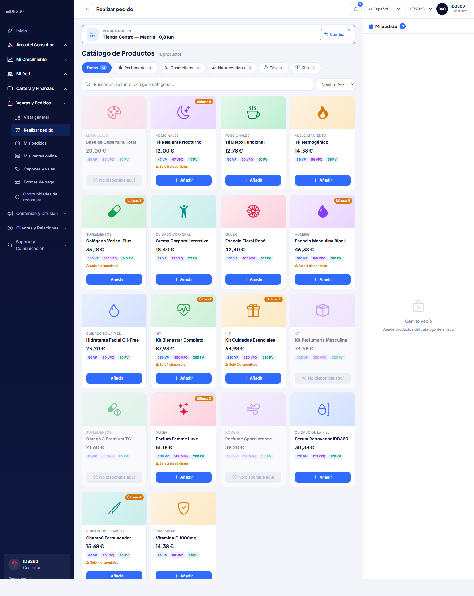 Tienda y pedidos del consultor en IDBCONNECT