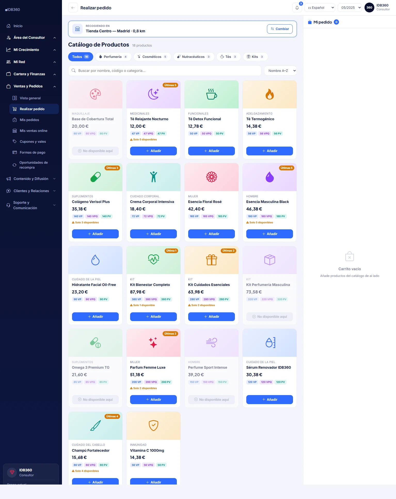 Catálogo y pedido en IDBCONNECT