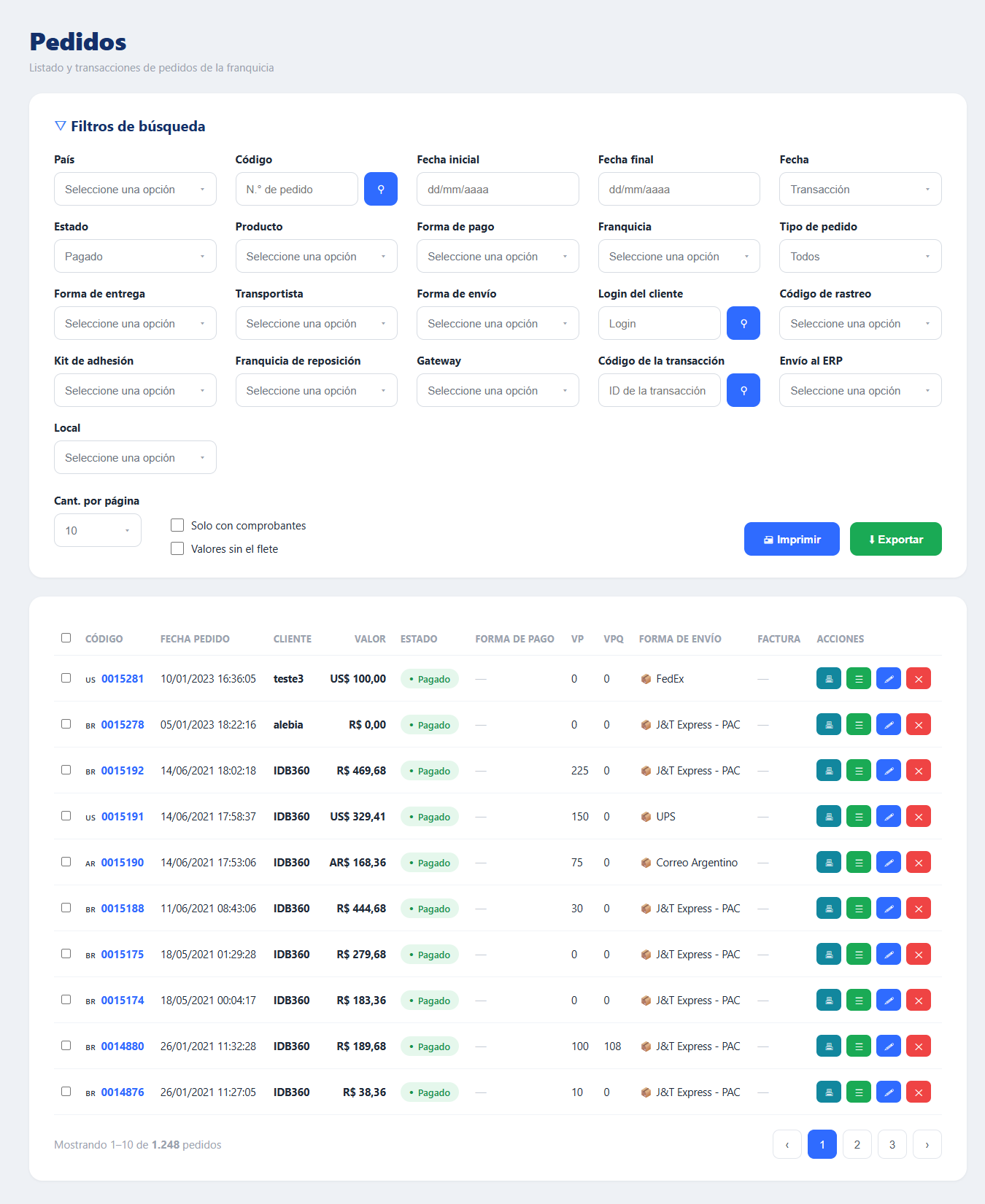 Pantalla de IDBCONNECT con listado de pedidos, filtros administrativos, estado de pago, gateway y código de la transacción