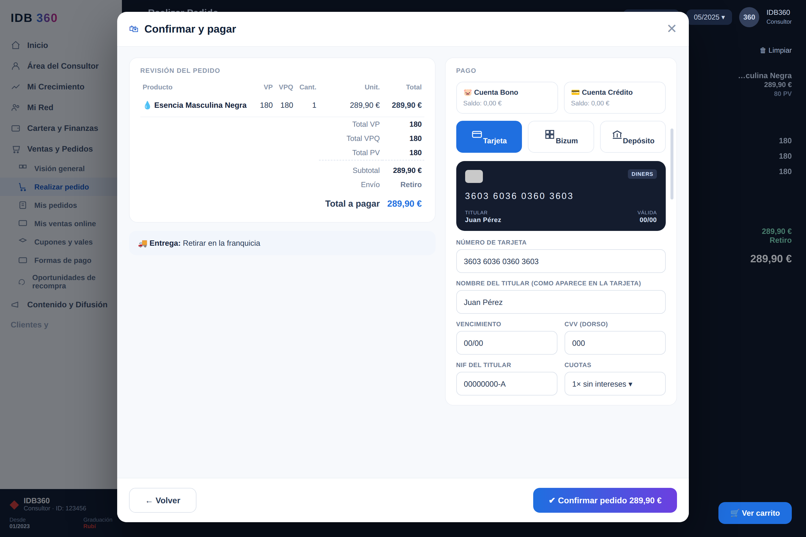 Pantalla de pago del checkout de IDBCONNECT con estados transaccionales.