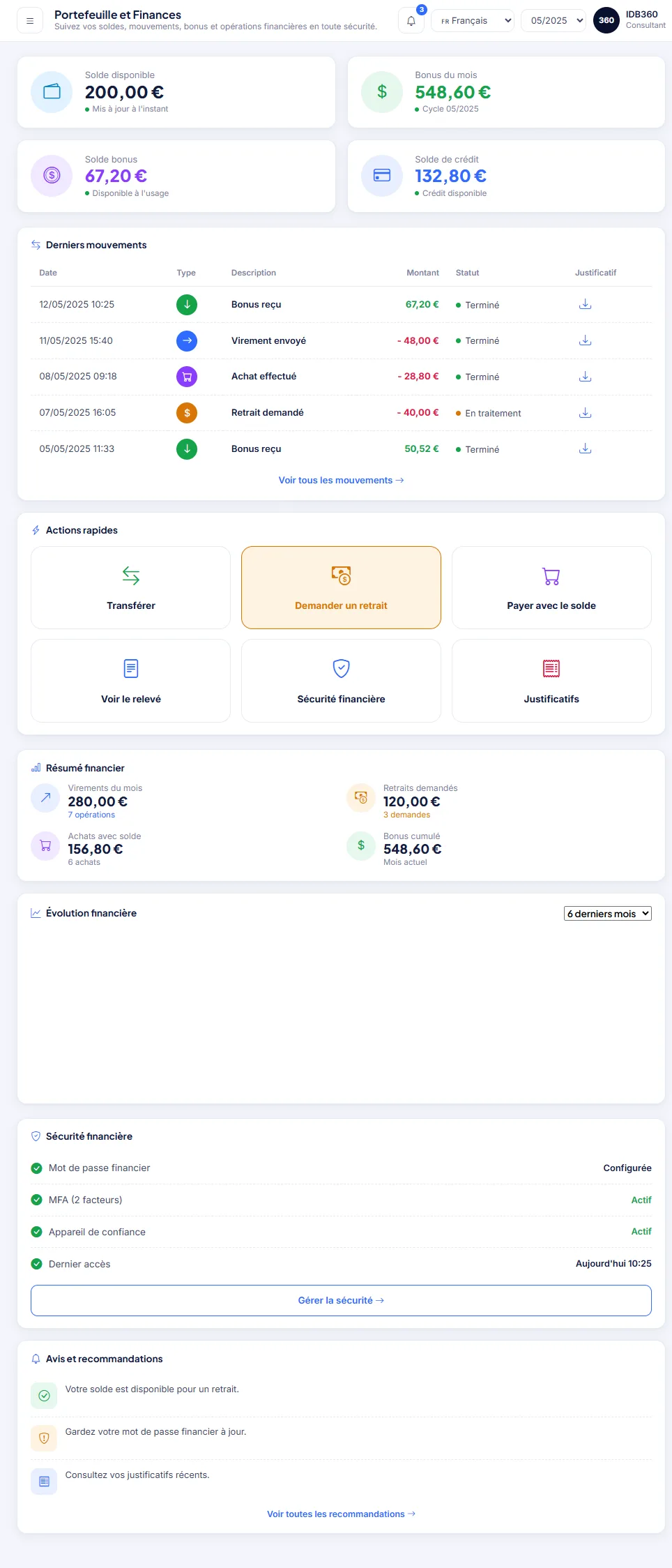 Écran financier d'IDBCONNECT.