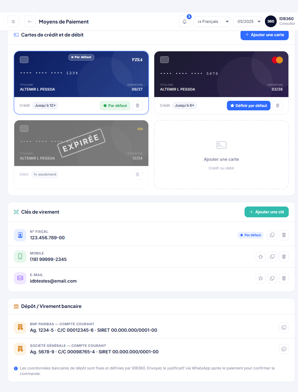 Moyens de paiement dans IDBCONNECT