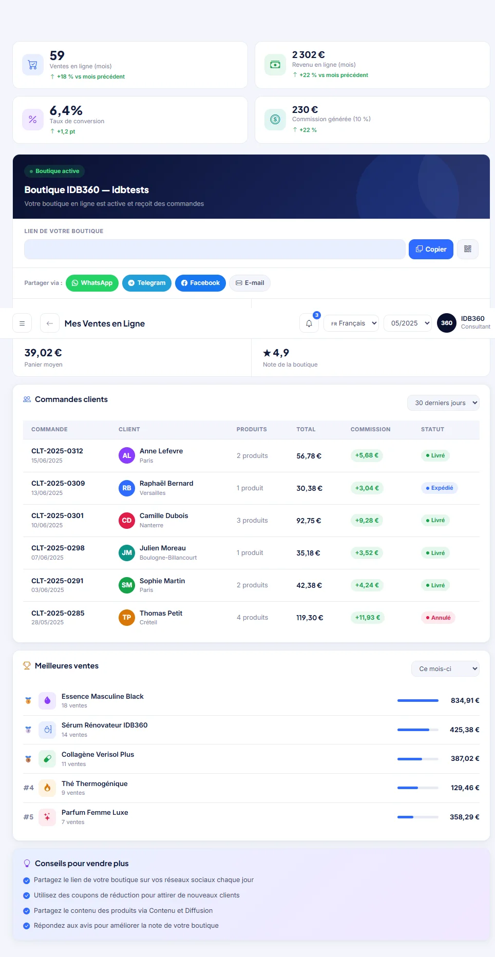 Ventes en ligne et partage sur les réseaux sociaux dans IDBCONNECT