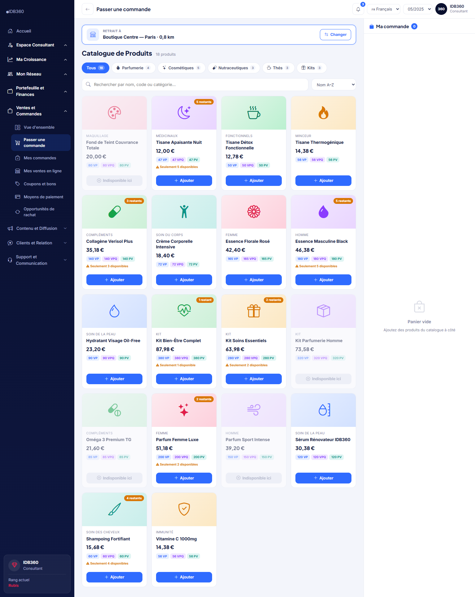 Boutique et commandes du conseiller dans IDBCONNECT