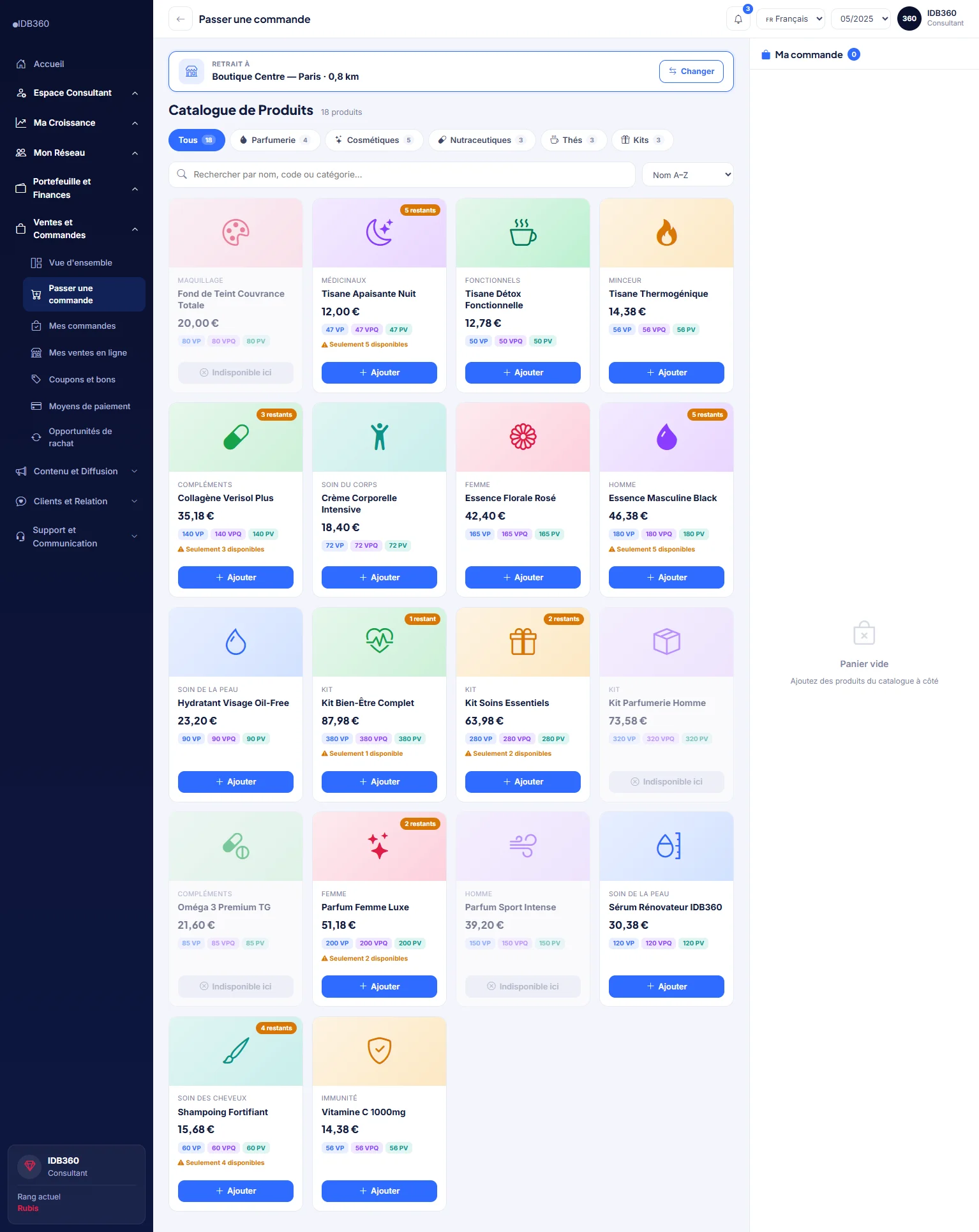 Boutique et commandes du conseiller dans IDBCONNECT