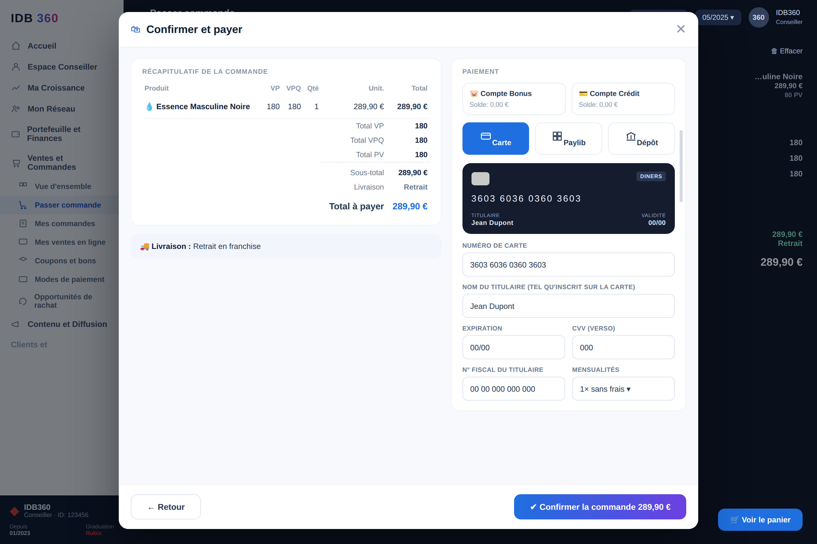 Écran de paiement du checkout d'IDBCONNECT avec des statuts transactionnels.